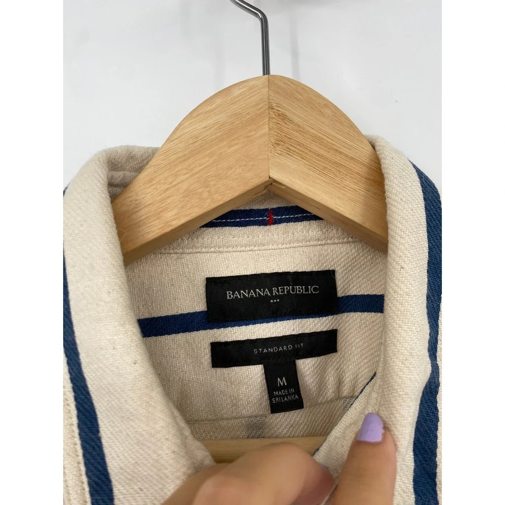 Banana Republic Button Down Shirt‎  Medium Cream Blue Striped Short Sleeve